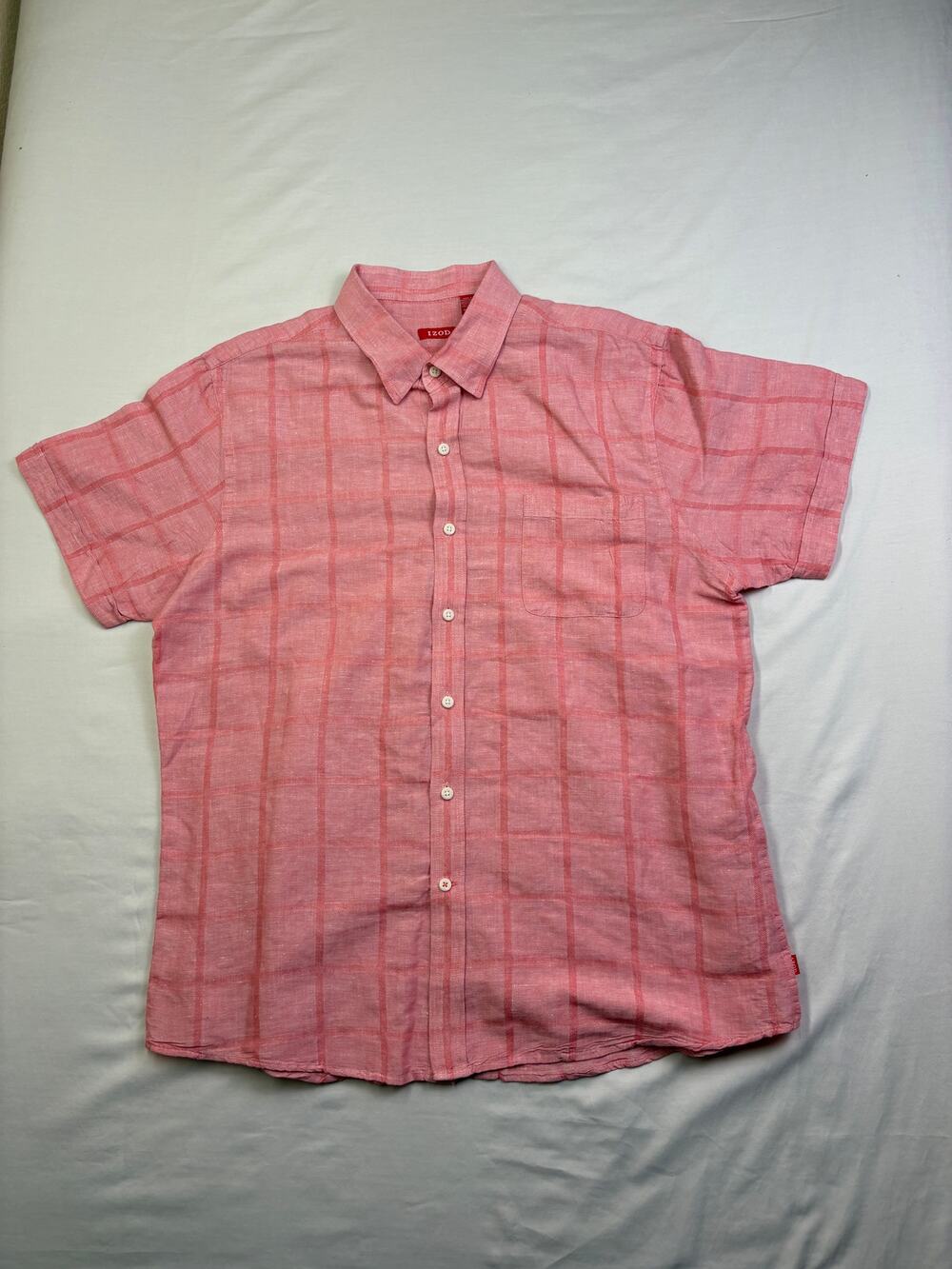 IZOD Men's XL Pink Plaid Short Sleeve Button Down Shirt Casual Summer